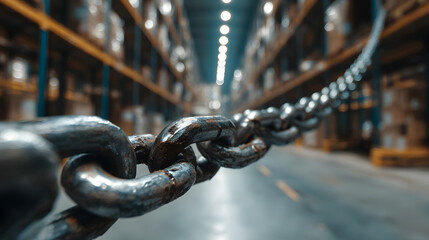 Close-up of a heavy chain in a warehouse, symbolizing strength and reliability in logistics.