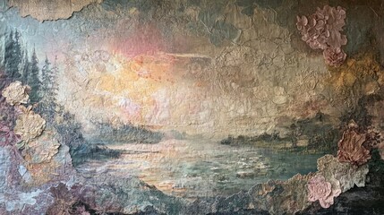 Damaged Vintage Landscape Painting with Sunset