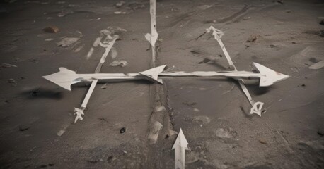 Two paper arrows, opposing directions, crossroads concept,  down,  contrast