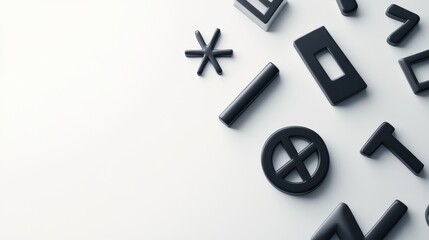 Abstract arrangement of black geometric shapes on a minimalist white background