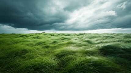 Green Grassy Field Under a Dramatic Stormy Sky