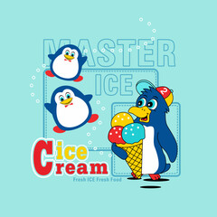 Penguins eating ice cream with friend ,animal cartoon vector illustration