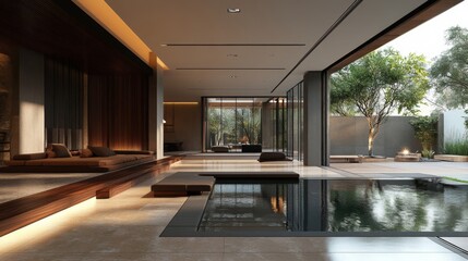 Obraz premium Modern Minimalist Home Interior Design with Zen Garden