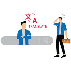 Two businessmen are communicating with machine translation application or internet technology. Translate languages to connect diverse languages of the world