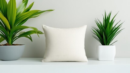 Fototapeta premium Simple cream colored throw pillow on a white shelf with plants