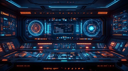 Fototapeta premium Futuristic spaceship cockpit interior, glowing with technological displays.
