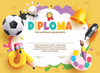 Graduation school certificate clipart template. School diploma for primary and kindergarten award with educational elements clip art in yellow colorful abstract background vector illustration.
