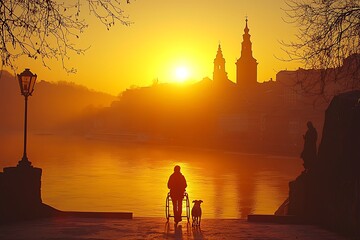 Fototapeta premium Golden hour serenity, a person in a wheelchair, and a dog.