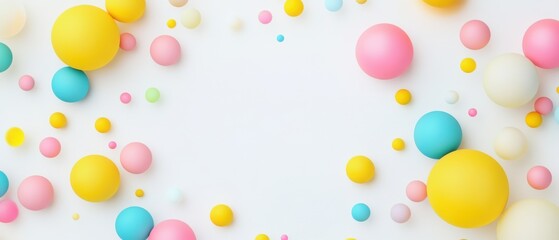 Playful pastel colored spheres on white background creating a fun and cheerful abstract design with copy space for party, birthday or baby shower invitation