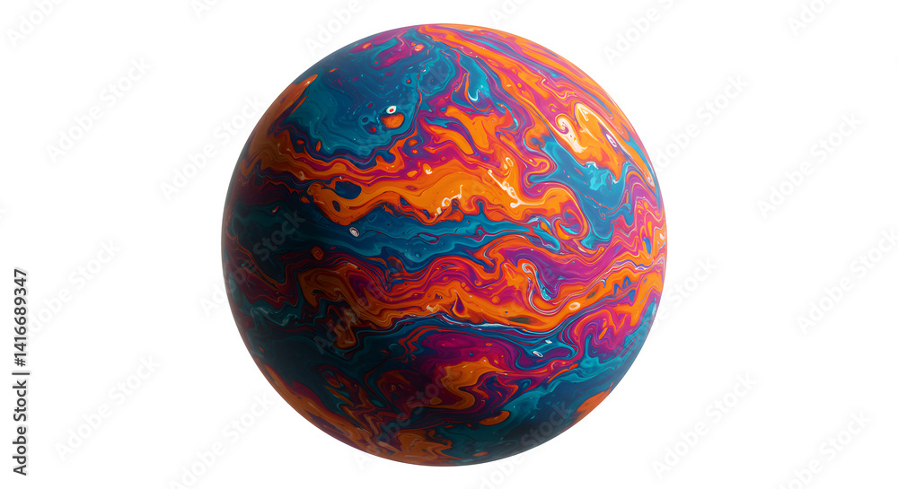 Poster abstract swirling sphere with intricate colorful pattern digital render on white background