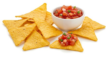 Nacho chips with tomato salsa on white background