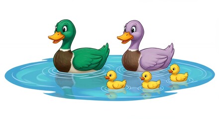 Obraz premium Ducks family swimming in pond cartoon illustration