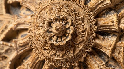 Intricate carved stone rosette detail, featuring a central flower motif surrounded by radiating patterns.