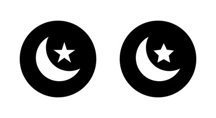 Crescent moon and star icon on black circle. Islamic badge sign symbol