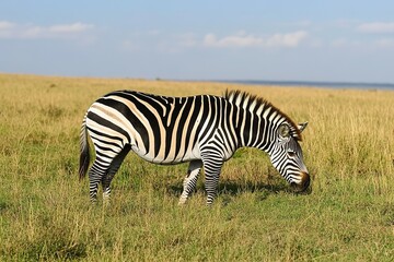Obraz premium A striking zebra grazing peacefully in the open savannah, its black and white stripes gleaming