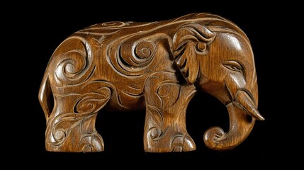 Intricate carved wooden elephant figurine, dark brown, isolated on black background.