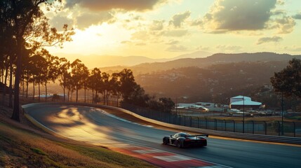 Race Car on a Mountain Track at Sunset