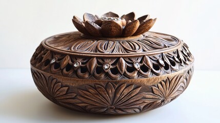 Intricate dark brown wooden box with carved floral design and crystal accents, lid adorned with a lotus flower.