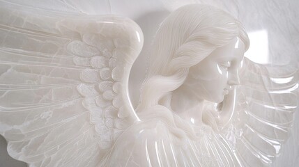 Intricate white marble angel sculpture with detailed wings and flowing hair.