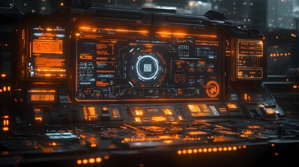 Obraz premium Futuristic cockpit control panel with glowing orange displays.