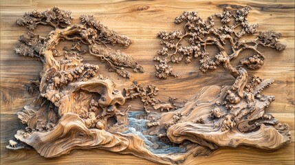 Intricate wood carving depicting two stylized trees and a landscape, showcasing texture and depth.