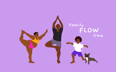 African american Family Yoga vector illustration. Young man, woman and their son doing yoga position with dog.