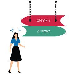 A businesswoman in doubt, having to choose between two different choices indicated by path pointing in opposite direction