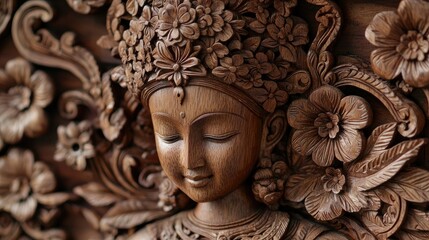 Intricate wooden carving of a serene female figure adorned with floral headdress.