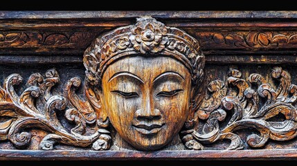 Intricate wooden carving of a serene face, adorned with floral patterns, showcasing traditional craftsmanship.