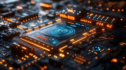 Obraz premium High-tech circuit board with glowing processor.