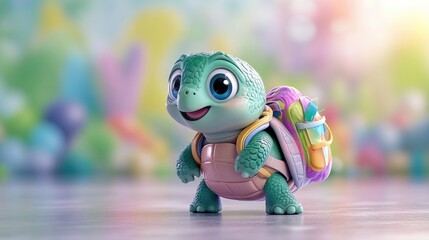 Cute turtle carrying a backpack.  A cheerful, cartoon turtle with a vibrant backpack is ready for adventure