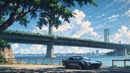 Obraz premium Cityscape featuring a sports car and a city bridge across the river in anime style