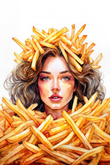 National French Fry Day. A woman covered in french fries.