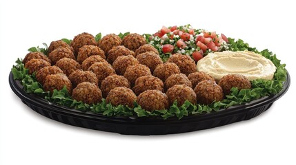 Large platter of falafel with hummus and salad.