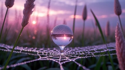 Capturing Morning Dew on Spiderweb Reflecting Sunrise in Glass Orb