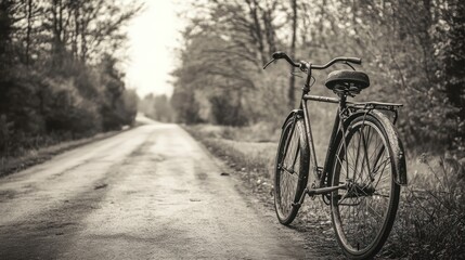 Vintage bicycle rests on a rural road, bathed in muted light.
