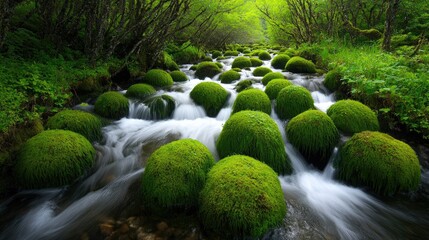 Lush green moss-covered rocks in a flowing stream, surrounded by vibrant forest greenery.