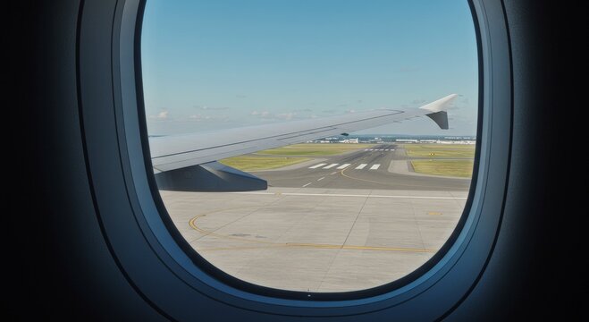 a passenger's window view from inside an airplane, the background is the airstrip and blue sky and wing, it has a clean aesthetic