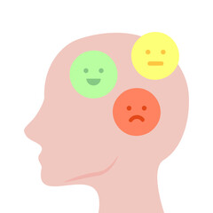 Human head with happy and sad emoji faces. Depression, mental health, pressure, anxiety, burnout concept.  Flat character vector design isolated illustration.