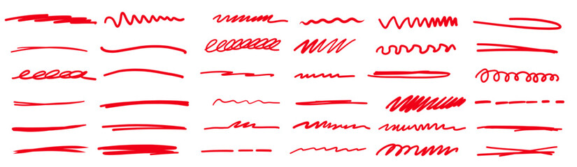 Red line pen strokes, shapes, highlight underline lines isolated on white background. Simple charcoal chalk crayon calligraphy effects ideal for business, school presentation designs
