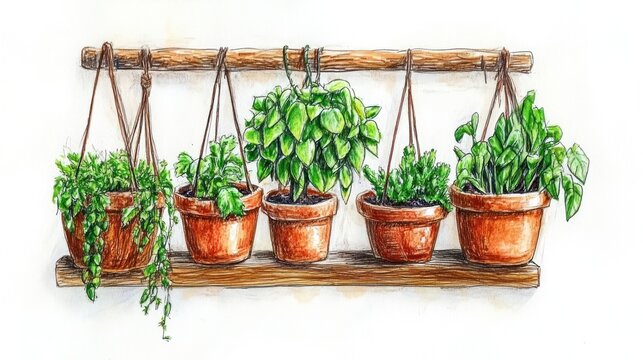 Hanging terracotta plant pots on wooden shelf