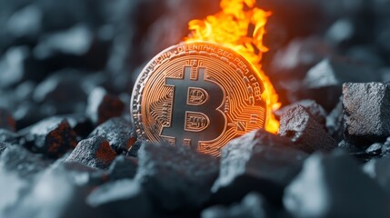 Bitcoin token ablaze amidst black volcanic rocks representing the clash between digital currency and natural elements