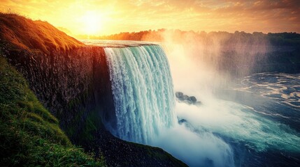 Majestic Niagara Falls at sunrise, powerful waterfall cascading over cliff edge, vibrant colors of sunrise reflecting on the water.