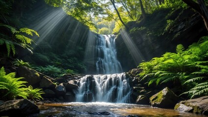 Cascading Waterfall with Sunlight Streaming Through Lush Green Forest