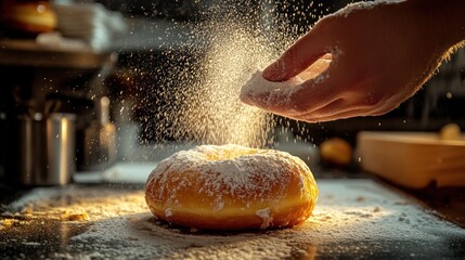 Chef dusting donut with powdered sugar in kitchen