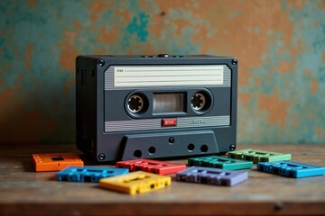 Fototapeta premium Retro audio cassette and colorful cassette cases