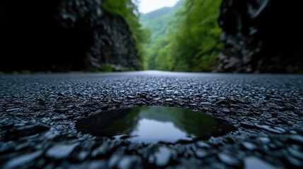 Fototapeta premium A puddle on a dark asphalt road, framed by a mountain gorge