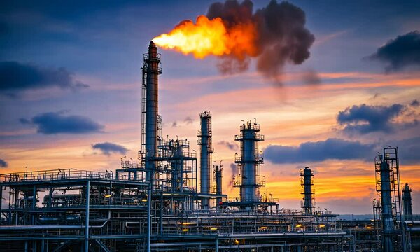 gas refinery with a tall flare stack burning excess gas, industrial structures and pipelines, natural lighting, gritty and atmospheric background