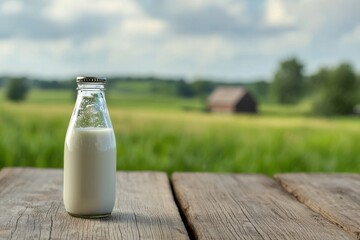 Glass milk bottle rests on wooden table with countryside backdrop