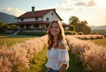 Beautiful landscape and country house, beautiful woman standing in front of her house and looking smiling at camera. High quality photo